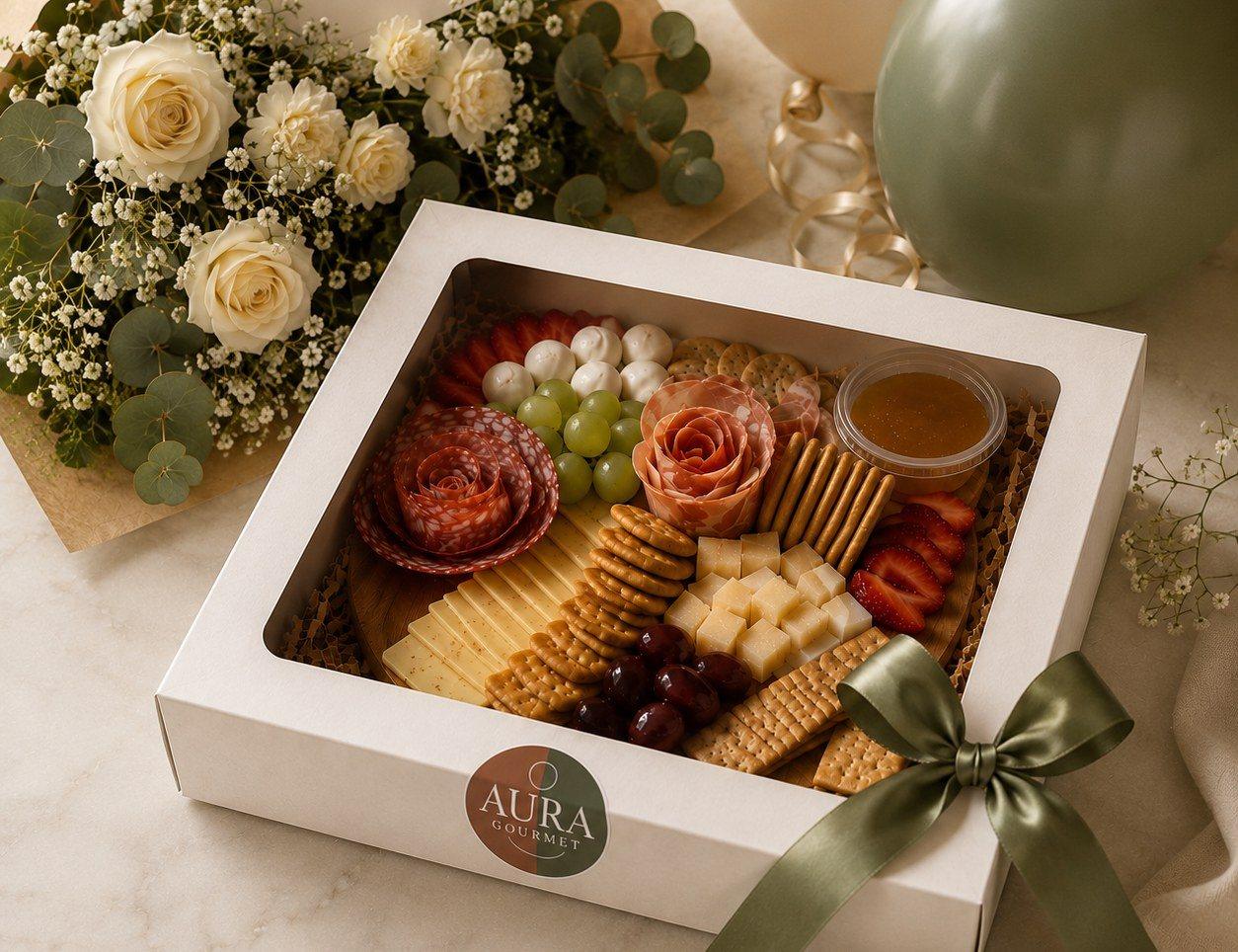 The Gift Board: white gift box with charcuterie roses, cheeses and fruit, tied with a green ribbon, next to flowers and balloons